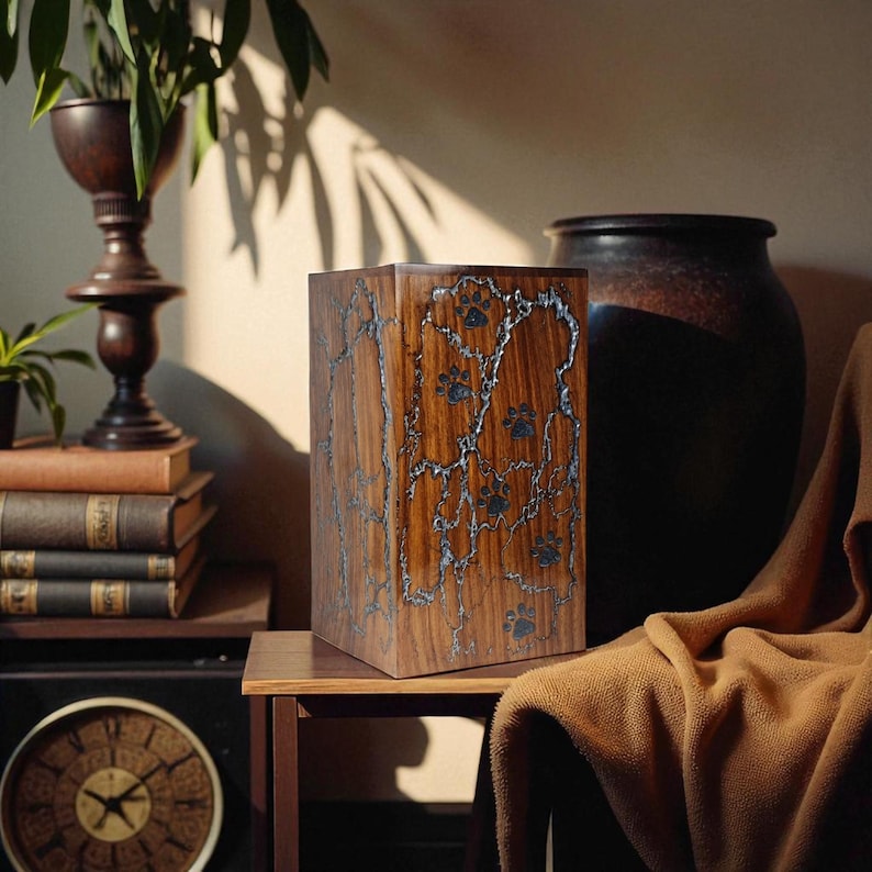 Handmade Wooden Pet Cremation Urn – Paw Print Memorial Keepsake