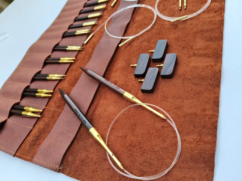 Wool and Wood Rosewood Interchangeable Knitting Needles Set Short & Long Tips.